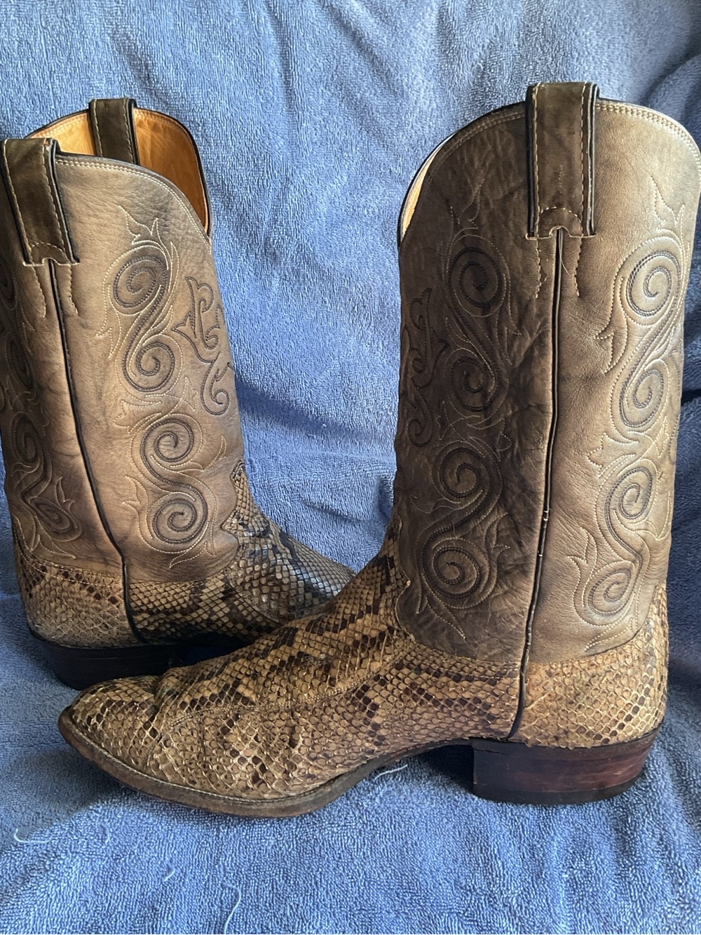 Justin Vintage Tan/Brown Genuine Python Snakeskin-Leather Cowboy Boots 13B Men's - Picture 3 of 10